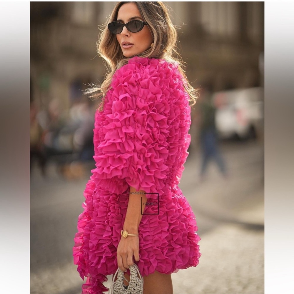 ZARA LIMITED EDITION FUCHSIA RUFFLE COAT KNIT DRESS - Picture 10 of 15